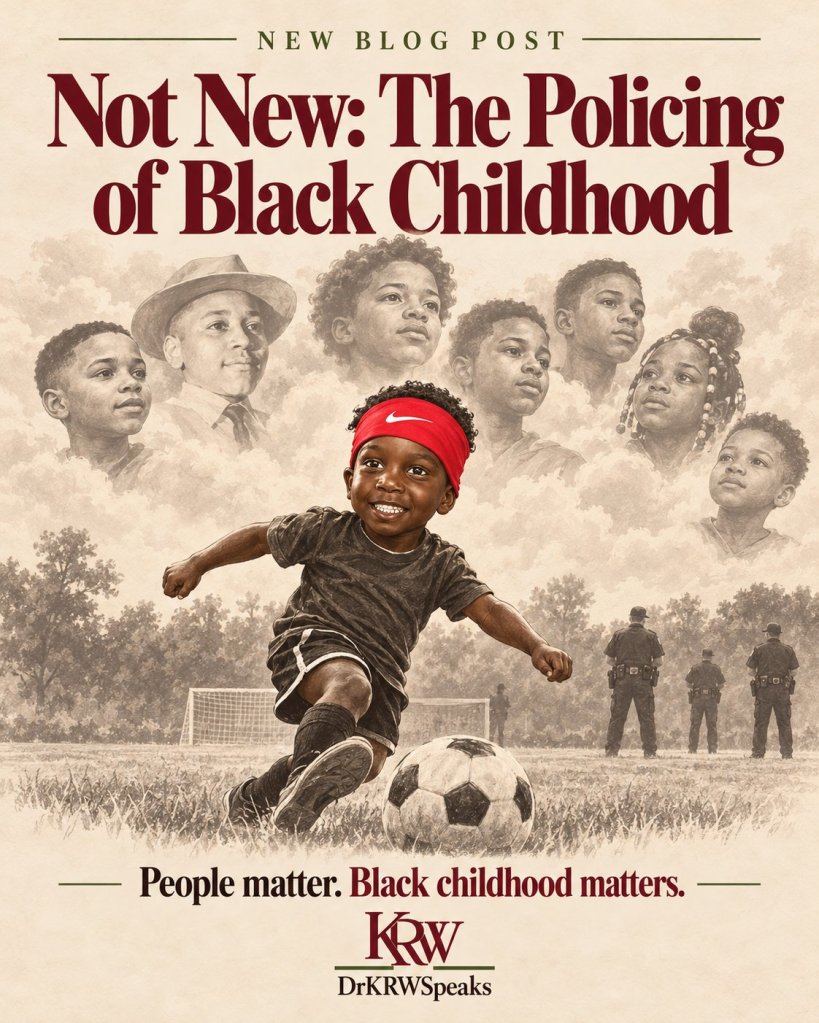 Illustrated graphic for Not New: The Policing of Black Childhood. A smiling young Black boy in a red headband kicks a soccer ball while police officers stand at the edge of the field, with sepia portraits of Black children in the sky behind him.