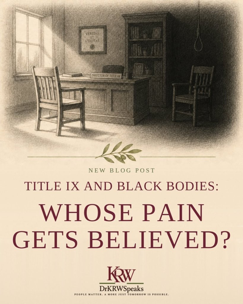 Illustrated graphic for Title IX and Black Bodies: Whose Pain Gets Believed? An empty campus office with a Director of Title IX nameplate, two empty chairs facing each other, and a noose hanging in the shadowed corner.